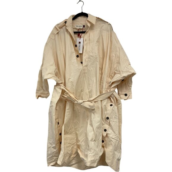 Zara SRPLS Womens Dress XS-S Shirt Cream Cotton Oversized Belted 2690/232 NWT - Picture 2 of 13